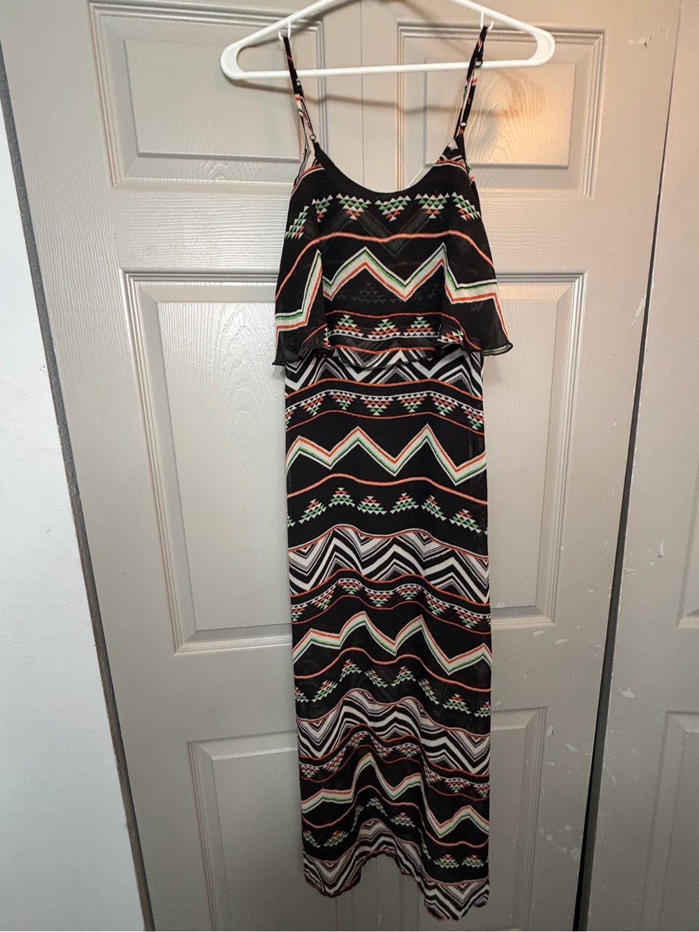 Wet Seal Y2K Black Aztec-Print Maxi lined Dress with Overlay Ruffle Size XS